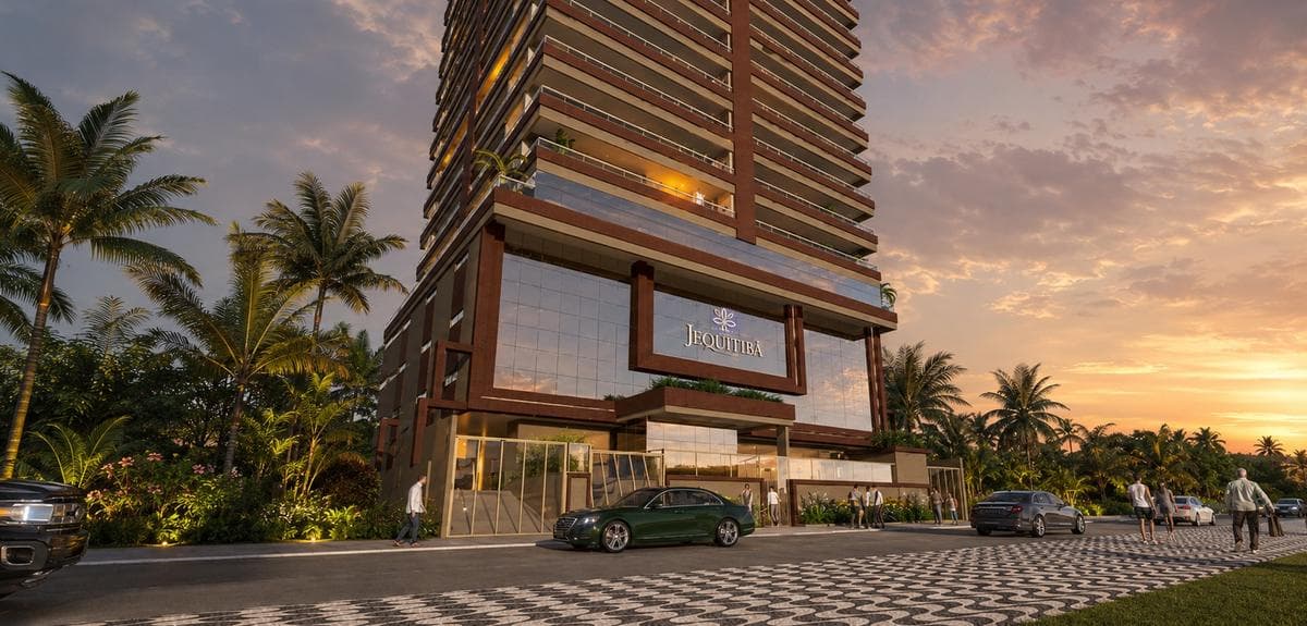 Fachada de empreendimento Arco-Íris-Mar ao entardecer